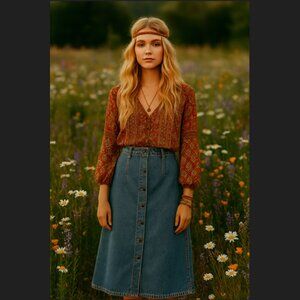 MDM Vintage Denim Maxi Skirt with Brass Buttons